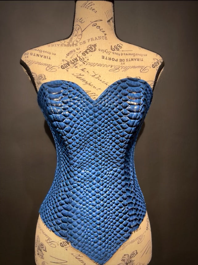 Textured cobra blue with shades of black for dimension corset with traditional corset tie back